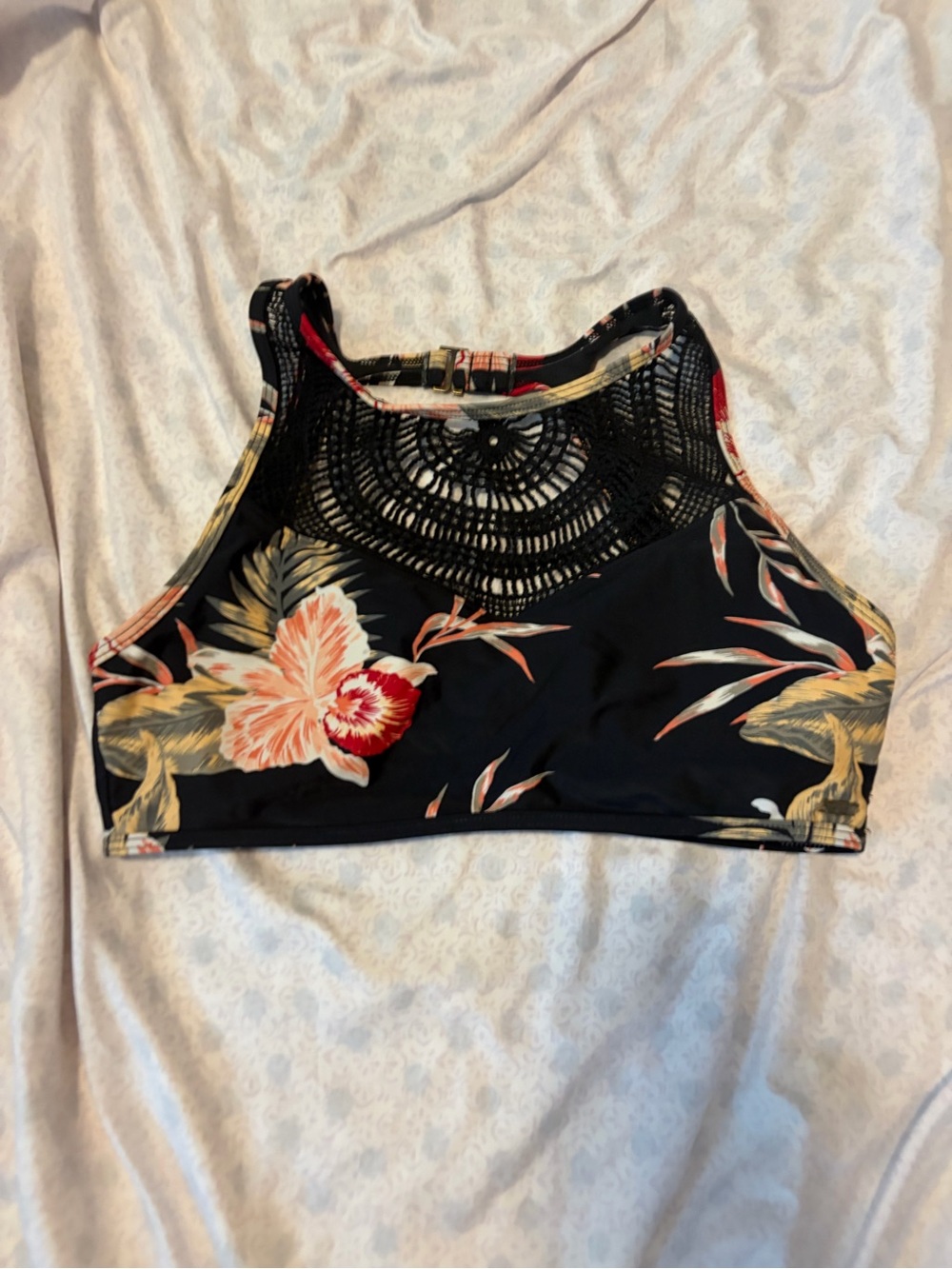 Roxy floral black pink green floral open back high crochet neckline swim top